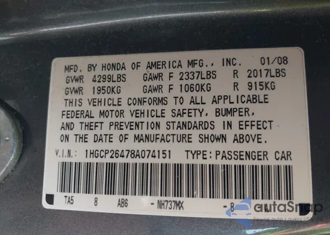 2008 Honda Accord 2.4 Lx-P z USA, uszkodzony, nr VIN 1HGCP26478A074151